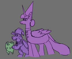 Size: 1566x1292 | Tagged: safe, artist:tezzbot, imported from derpibooru, spike, twilight sparkle, alicorn, dragon, frog, pony, clothes, costume, duo, female, gray background, halloween, halloween costume, male, mare, over the garden wall, simple background, twilight sparkle (alicorn), winged spike, wings