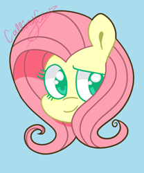 Size: 800x960 | Tagged: safe, artist:callingcrows, imported from derpibooru, fluttershy, pony, blue background, bust, colored pupils, cute, female, head only, looking at you, mare, portrait, shyabetes, simple background, solo, three quarter view