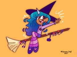 Size: 1132x832 | Tagged: safe, artist:opossum-stuff, imported from derpibooru, izzy moonbow, human, broom, clothes, cute, dark skin, dreamcatcher, ear piercing, earring, female, flying, flying broomstick, g5, halloween, hat, heart, holiday, horn, horned humanization, humanized, izzybetes, jewelry, my little pony: a new generation, open mouth, orange background, piercing, simple background, sitting, socks, solo, striped socks, witch, witch hat