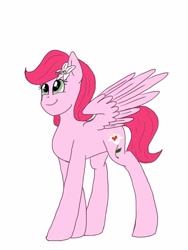 Size: 768x1024 | Tagged: safe, artist:melisong777, imported from derpibooru, oc, oc only, oc:applejoy, pegasus, pony, female, filly, flower, flower in hair, offspring, parent:big macintosh, parent:fluttershy, parents:fluttermac, simple background, smiling, white background