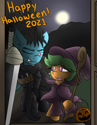 Size: 1400x1800 | Tagged: safe, artist:kingkrail, imported from derpibooru, rainbow dash, scootaloo, pegasus, pony, armor, berserk, candy, clothes, cosplay, costume, female, filly, food, giant sword, halloween, halloween costume, hat, holiday, mare, offscreen character, one eye closed, pov, trick or treat, witch hat