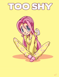 Size: 2496x3228 | Tagged: safe, artist:brandon santiago, imported from derpibooru, fluttershy, human, breasts, clothes, female, high res, humanized, looking at you, no pupils, pajamas, pink socks, simple background, sitting, smiling, smiling at you, socks, solo, stocking feet, text, winged humanization, wings, yellow background