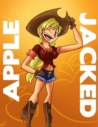 Size: 1248x1614 | Tagged: safe, artist:brandon santiago, imported from derpibooru, applejack, human, boots, breasts, busty applejack, cleavage, clothes, denim shorts, female, humanized, one eye closed, open mouth, shoes, shorts, solo, text, wink