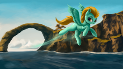 Size: 4000x2250 | Tagged: safe, artist:flusanix, imported from derpibooru, lightning dust, pegasus, pony, arch, female, flying, high res, mare, natural bridge, solo, water