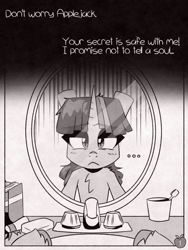 Size: 1050x1400 | Tagged: safe, artist:provolonepone, imported from derpibooru, twilight sparkle, pony, unicorn, comic:sapphic story, bathroom, book, comic, dialogue, implied applejack, looking at you, mirror, monochrome, solo, toothbrush, unicorn twilight