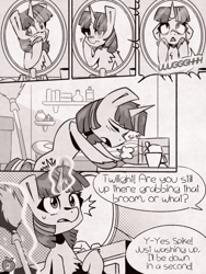 Size: 1050x1400 | Tagged: safe, artist:provolonepone, imported from derpibooru, twilight sparkle, pony, unicorn, comic:sapphic story, bathroom, broom, comic, dialogue, magic, mirror, monochrome, solo, speech bubble, telekinesis, unicorn twilight