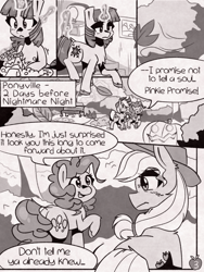 Size: 1050x1400 | Tagged: safe, artist:provolonepone, imported from derpibooru, applejack, pinkie pie, twilight sparkle, earth pony, pony, unicorn, comic:sapphic story, applejack's hat, bench, bush, comic, cowboy hat, dialogue, halloween, hat, holiday, jack-o-lantern, leaves, magic, monochrome, pumpkin, speech bubble, stetson, telekinesis, tree, unicorn twilight