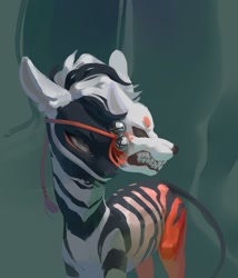 Size: 1851x2160 | Tagged: safe, artist:yanisfucker, imported from derpibooru, oc, oc only, pony, zebra, abstract background, ambiguous gender, bells, fangs, mask, solo, teeth, zebra oc