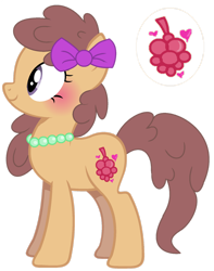 Size: 1280x1624 | Tagged: safe, artist:princess-kitsune-tsu, imported from derpibooru, oc, oc only, earth pony, pony, bow, earth pony oc, female, full body, hair bow, jewelry, mare, necklace, offspring, parent:berry punch, parent:caramel, pearl necklace, purple eyes, show accurate, side view, simple background, smiling, solo, standing, tail, transparent background