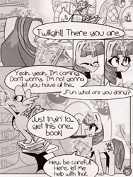 Size: 1050x1400 | Tagged: safe, artist:provolonepone, imported from derpibooru, spike, twilight sparkle, dragon, pony, unicorn, comic:sapphic story, book, bookshelf, comic, dialogue, golden oaks library, library, magic, monochrome, speech bubble, telekinesis, unicorn twilight