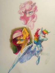 Size: 960x1280 | Tagged: safe, artist:yanisfucker, imported from derpibooru, fluttershy, pinkie pie, rainbow dash, earth pony, pegasus, pony, bust, female, mare, traditional art, trio