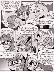 Size: 1050x1400 | Tagged: safe, artist:provolonepone, imported from derpibooru, applejack, pinkie pie, earth pony, pony, comic:sapphic story, applejack's hat, comic, cowboy hat, dialogue, hat, implied lesbian, implied rarijack, implied shipping, monochrome, rain, speech bubble, tree