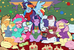 Size: 2039x1378 | Tagged: safe, artist:snspony, imported from derpibooru, applejack, fluttershy, pinkie pie, rainbow dash, rarity, twilight sparkle, earth pony, pegasus, pony, unicorn, blushing, christmas, christmas tree, cider, clothes, drink, drinking, earmuffs, female, floppy ears, hat, hearth's warming, holiday, jacket, mane six, mare, scarf, sweater, tree, winter, winter outfit