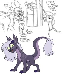 Size: 1163x1375 | Tagged: safe, artist:jinx32297, imported from derpibooru, rarity, spike, oc, oc:estelle la ange, dracony, hybrid, pony, unicorn, dialogue, father and child, father and daughter, female, interspecies offspring, male, mare, mother and child, mother and daughter, offspring, older, older spike, parent:rarity, parent:spike, parents:sparity, refrigerator, scruff, shipping, simple background, sparity, straight, white background