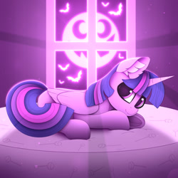Size: 1920x1920 | Tagged: safe, alternate version, artist:alexbefest, imported from derpibooru, twilight sparkle, alicorn, bat, pony, bed, cute, ear fluff, female, looking at you, neon, nightmare night, pink, smiling, solo, twiabetes, twilight sparkle (alicorn), underhoof, window