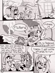 Size: 1050x1400 | Tagged: safe, artist:provolonepone, imported from derpibooru, applejack, fluttershy, pinkie pie, earth pony, pegasus, pony, comic:sapphic story, applejack's hat, comic, cowboy hat, dialogue, female, flutterpie, hat, leaves, lesbian, ponyville, rain, shipping, speech bubble, tree