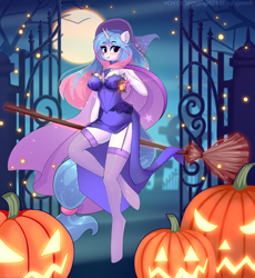 Size: 2672x2900 | Tagged: safe, artist:xjenn9, imported from derpibooru, oc, oc only, anthro, unguligrade anthro, broom, clothes, dress, female, gravestone, halloween, hat, high res, holiday, jack-o-lantern, moon, pumpkin, skirt, solo, witch costume, witch hat