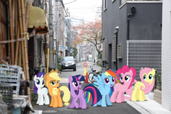 Size: 2000x1333 | Tagged: safe, artist:dashiesparkle, artist:mlplover94, imported from derpibooru, applejack, fluttershy, pinkie pie, rainbow dash, rarity, twilight sparkle, earth pony, pegasus, pony, unicorn, irl, japan, mane six, photo, ponies in real life, tokyo, unicorn twilight