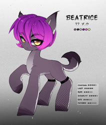 Size: 1698x2000 | Tagged: safe, artist:shavurrr, imported from derpibooru, oc, oc only, oc:beatrice, earth pony, pony, beautiful eyes, blank flank, character design, clothes, color palette, colored pupils, cute, ear fluff, earth pony oc, eyebrows, eyebrows visible through hair, eyelashes, female, golden eyes, gradient background, gray coat, looking at you, mare, ocbetes, pale belly, pantyhose, purple mane, raised hoof, reference sheet, short tail, solo, tail, teenager, two toned coat, yellow eyes