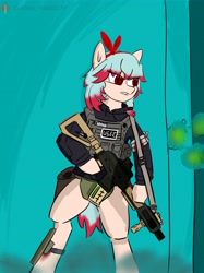 Size: 4823x6445 | Tagged: safe, artist:cunben_mapleleaf, imported from derpibooru, oc, oc:cunben_mapleleaf, pony, bipedal, bulletproof vest, escape from tarkov, gun, injured, rifle, simple background, war, weapon