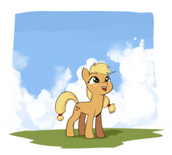 Size: 1280x1156 | Tagged: safe, artist:ddenver, imported from derpibooru, applejack, earth pony, pony, cloud, cute, female, freckles, hatless, jackabetes, looking up, mare, missing accessory, open mouth, open smile, shadow, sky, smiling, solo, standing