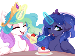 Size: 5000x3763 | Tagged: safe, artist:xsatanielx, imported from derpibooru, princess celestia, princess luna, alicorn, pony, absurd resolution, cake, cakelestia, chest fluff, crown, cute, cutelestia, duo, duo female, ethereal mane, eyes closed, female, floppy ears, food, fork, glowing, glowing horn, happy, herbivore, horn, jewelry, lunabetes, magic, magic aura, mare, mlp fim's eleventh anniversary, one eye open, open mouth, open smile, regalia, royal sisters, siblings, simple background, sisters, smiling, starry mane, strawberry, telekinesis, that pony sure does love cakes, white background