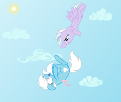 Size: 5268x4433 | Tagged: safe, artist:kaitykat117, imported from derpibooru, oc, oc only, oc:feather_bloom, oc:silver haze(kaitykat), pegasus, base used, cloud, crying, falling, flying, plucked wings, scared, sun, vector, wings