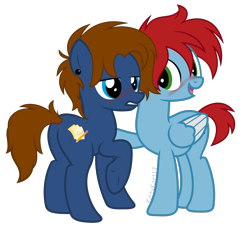 Size: 2000x1831 | Tagged: safe, artist:kaitykat117, imported from derpibooru, oc, oc only, oc:jack(featherbloom), oc:jasper(featherbloom), earth pony, pegasus, pony, base used, blue eyes, blushing, brown mane, brown tail, ear piercing, earth pony oc, folded wings, green eyes, gritted teeth, open mouth, open smile, pegasus oc, piercing, raised hoof, red mane, red tail, show accurate, simple background, smiling, standing, tail, transparent background, underhoof, vector, wings