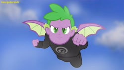 Size: 3642x2048 | Tagged: safe, artist:georgegarza01, imported from derpibooru, spike, equestria girls, clothes, flying, high res, human spike, male, pants, show accurate, solo, sweatpants, sweatshirt, winged humanization, winged spike, wings
