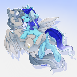 Size: 2048x2048 | Tagged: safe, artist:qamar, imported from derpibooru, oc, oc only, oc:rain bright, oc:summer memory, pegasus, unicorn, butt, cuddle puddle, cuddling, cute, dock, gay, high res, hug, male, malesub, plot, pony pile, submissive, tail