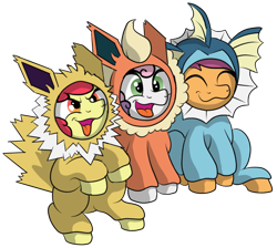 Size: 624x560 | Tagged: safe, artist:doodledonutart, imported from derpibooru, apple bloom, scootaloo, sweetie belle, earth pony, flareon, jolteon, pegasus, pony, unicorn, vaporeon, clothes, costume, cute, cutie mark crusaders, female, filly, happy, kigurumi, pokémon, simple background, smiling, transparent background