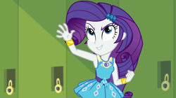 Size: 1920x1078 | Tagged: safe, imported from derpibooru, screencap, rarity, equestria girls, equestria girls series, holidays unwrapped, spoiler:eqg series (season 2), armpits, female, hallway, lockers, o come all ye squashful, rarity peplum dress, sleeveless, solo