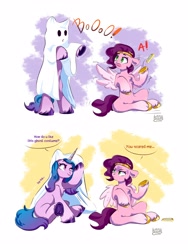 Size: 3000x4000 | Tagged: safe, artist:lazybread, imported from derpibooru, izzy moonbow, pipp petals, pegasus, pony, unicorn, adorapipp, bedsheet ghost, bipedal, boo, chest fluff, clothes, costume, cute, dialogue, duo, female, frog (hoof), g5, ghost costume, halloween, halloween costume, holiday, mare, my little pony: a new generation, open mouth, phone, pipp petals is not amused, scared, tongue out, unamused, underhoof