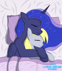 Size: 2356x2696 | Tagged: safe, artist:sroka001, imported from derpibooru, derpy hooves, princess luna, alicorn, pegasus, pony, bed, cuddling, cute, derpabetes, eyes closed, female, happy, high res, hug, hug from behind, lesbian, lunabetes, lunaderp, lying down, mare, on side, pillow, shipping, smiling, snuggling, spooning