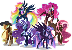 Size: 4000x2751 | Tagged: safe, artist:orin331, imported from derpibooru, applejack, fluttershy, nightmare rarity, pinkie pie, rainbow dash, twilight sparkle, alicorn, bat pony, pegasus, pony, unicorn, 2021, armor, bat ponified, corrupted, cowboy hat, evil, evil grin, eyelashes, female, floating, flutterbat, flying, gameloft interpretation, glare, grin, hat, high res, hoof on chest, jewelry, mane six, mare, nightmare applejack, nightmare fluttershy, nightmare mane six, nightmare pinkie, nightmare rainbow dash, nightmare twilight, nightmarified, race swap, raised hoof, redesign, regalia, simple background, smiling, stetson, transparent background, twilight sparkle (alicorn)