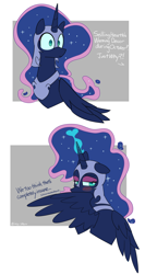 Size: 2124x4000 | Tagged: safe, artist:icey, imported from derpibooru, nightmare moon, alicorn, pony, abstract background, blush sticker, blushing, comic, cute, ethereal mane, female, mare, nightmare night, offscreen character, pickup lines, starry mane, text, wings