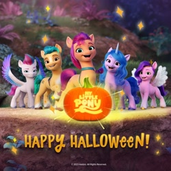 Size: 1080x1080 | Tagged: safe, imported from derpibooru, hitch trailblazer, izzy moonbow, pipp petals, sunny starscout, zipp storm, earth pony, pegasus, pony, unicorn, female, g5, halloween, happy halloween, holiday, instagram, mane five (g5), mare, my little pony logo, my little pony: a new generation, official, pumpkin