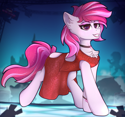 Size: 3200x3000 | Tagged: safe, artist:lakunae, imported from derpibooru, sugar moonlight, earth pony, pony, choker, clothes, dress, female, g5, high res, lipstick, looking at you, makeup, mare, my little pony: a new generation, red dress, smiling