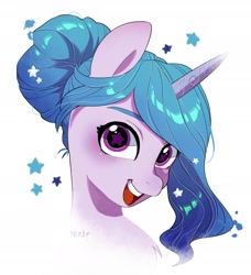Size: 1956x2146 | Tagged: safe, artist:potetecyu_to, imported from derpibooru, izzy moonbow, pony, unicorn, alternate hairstyle, bust, chest fluff, cute, female, g5, hair bun, high res, izzybetes, looking at you, mare, my little pony: a new generation, open mouth, open smile, portrait, simple background, smiling, solo, starry eyes, three quarter view, white background, wingding eyes