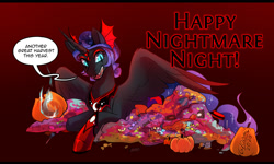 Size: 1750x1050 | Tagged: safe, artist:cosmalumi, idw, imported from derpibooru, nightmare moon, alicorn, pony, reflections, spoiler:comic, candy, evil counterpart, evil luna, female, food, gradient background, halloween, holiday, jack-o-lantern, mirror universe, nightmare night, pumpkin, solo