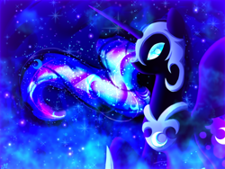 Size: 1066x800 | Tagged: dead source, safe, artist:astelleseresute63, imported from derpibooru, nightmare moon, alicorn, pony, blue background, blue eyes, blue mane, ethereal mane, female, flowing mane, glowing, helmet, hoof shoes, horn, looking at you, night, solo, spread wings, starry mane, stars, wings