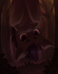 Size: 3732x4764 | Tagged: safe, artist:aquoquoo, imported from derpibooru, rumble, bat pony, pony, absurd resolution, colt, forest, hanging, hanging upside down, licking, licking lips, male, race swap, solo, tongue out, upside down