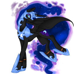 Size: 2449x2449 | Tagged: safe, artist:nightingalewolfie, imported from derpibooru, nightmare moon, alicorn, pony, blue eyes, blue mane, blue tail, colored pupils, ethereal mane, female, flowing mane, flowing tail, helmet, high res, hoof shoes, horn, simple background, solo, spread wings, starry mane, starry tail, stars, tail, transparent background, wings