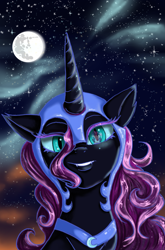 Size: 1991x3011 | Tagged: safe, artist:moonkitty, imported from derpibooru, nightmare moon, twilight sparkle, alicorn, pony, blue eyes, cloud, digital art, eyelashes, fangs, female, flowing mane, helmet, horn, moon, night, open mouth, purple mane, reflection, smiling, solo, stars, teeth