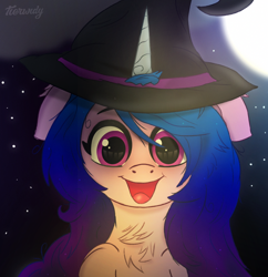 Size: 968x1000 | Tagged: safe, artist:tierwidy, imported from derpibooru, izzy moonbow, pony, unicorn, bust, female, g5, gradient mane, halloween, hat, holiday, mare, moon, my little pony: a new generation, night, open mouth, portrait, purple eyes, smiling, solo