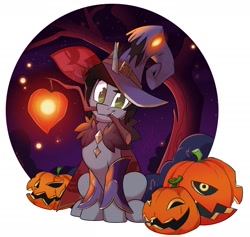 Size: 2048x1938 | Tagged: safe, artist:light262, imported from derpibooru, pony, unicorn, clothes, commission, costume, disguise, disguised siren, fangs, halloween, hat, heart, holiday, horn, jack-o-lantern, kellin quinn, looking at you, male, mouth hold, night, ponified, pumpkin, sitting, sleeping with sirens, solo, stallion, stick, tree, ych result