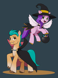 Size: 1200x1600 | Tagged: safe, artist:mew-me, imported from derpibooru, hitch trailblazer, pipp petals, earth pony, pegasus, pony, clothes, costume, duo, female, g5, halloween, halloween costume, holiday, male, my little pony: a new generation, simple background, vampire costume