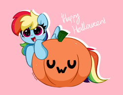 Size: 4530x3507 | Tagged: safe, artist:kittyrosie, imported from derpibooru, rainbow dash, pegasus, pony, :d, blushing, cute, dashabetes, female, halloween, halloween 2021, happy halloween, high res, holiday, mare, open mouth, open smile, pink background, pumpkin, simple background, smiling, solo, uwu