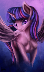 Size: 1983x3268 | Tagged: safe, artist:seven9988, imported from derpibooru, twilight sparkle, alicorn, pony, abstract background, female, g4, horn, looking at something, mare, painting, solo, spread wings, twilight sparkle (alicorn), wings