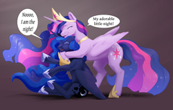 Size: 5097x3240 | Tagged: safe, artist:silfoe, imported from derpibooru, princess luna, twilight sparkle, alicorn, pony, the last problem, absurd resolution, commission, commissioner:reversalmushroom, crown, cute, cutie mark, ethereal mane, eyes closed, female, funny, hape, height difference, hoof shoes, hug, i am the night, jewelry, lesbian, lunabetes, mare, older, older twilight, open mouth, personal space invasion, peytral, princess twilight 2.0, regalia, shipping, silfoe is trying to murder us, simple background, sitting, size difference, standing, starry mane, twilight sparkle (alicorn), twiluna, upvote bait, wholesome